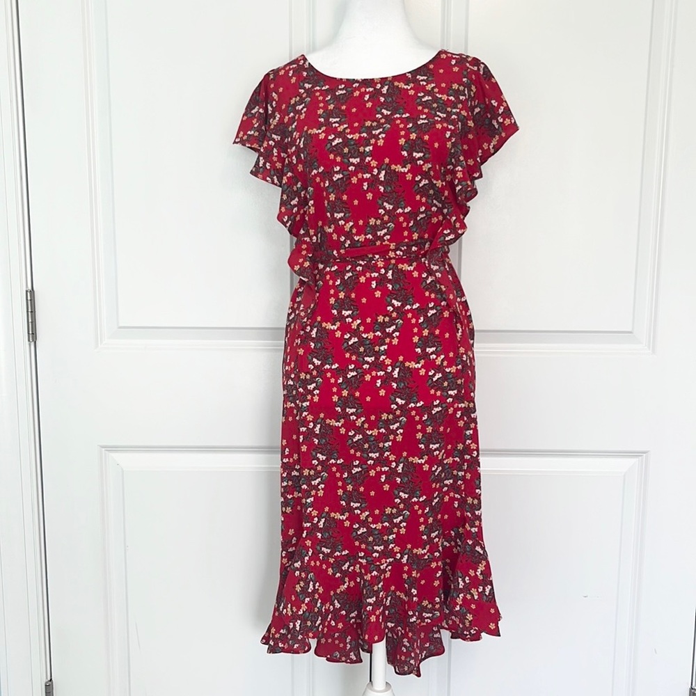 NWT Max Studio Ruffle Sleeve Red Floral Dress S